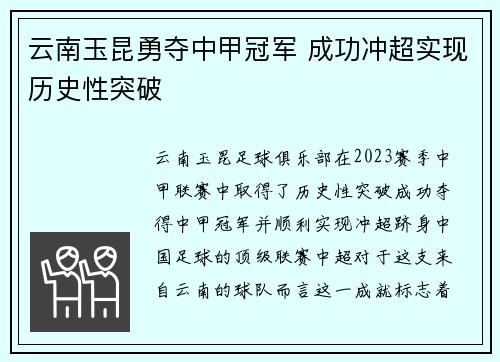 云南玉昆勇夺中甲冠军 成功冲超实现历史性突破 云南玉昆勇夺中甲冠军 成功冲超实现历史性突破