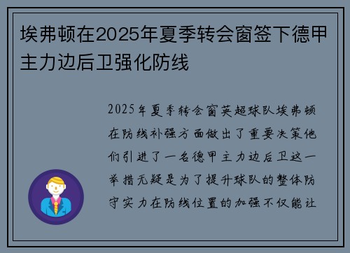埃弗顿在2025年夏季转会窗签下德甲主力边后卫强化防线