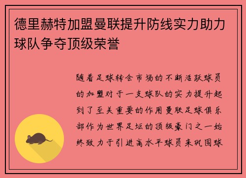 德里赫特加盟曼联提升防线实力助力球队争夺顶级荣誉 德里赫特加盟曼联提升防线实力助力球队争夺顶级荣誉